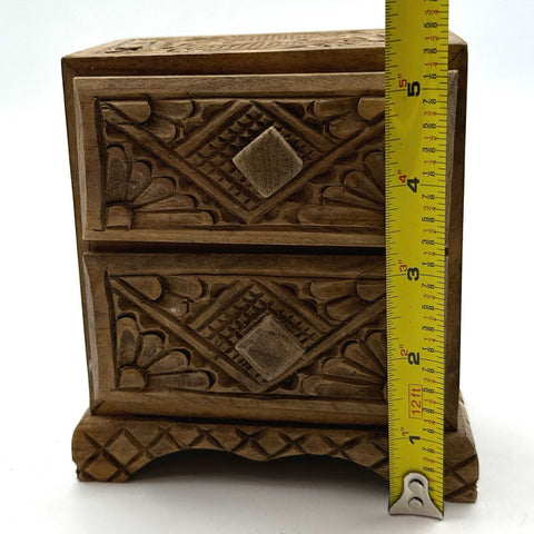 Vintage Hand Carved Wood Jewelry Trinket Box 2 Drawer Folk Art Ornate Chest