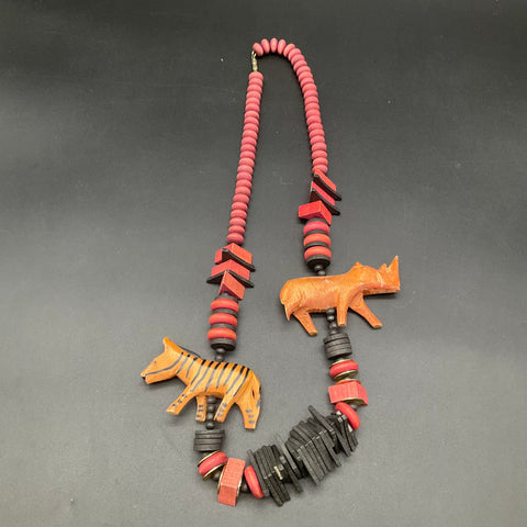 Vintage Hand Carved Wood Animal & Painted Fish Charm Necklaces Jewelry Lot of 2