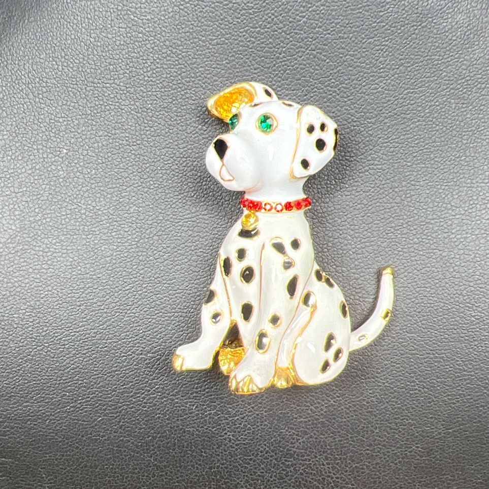 Dalmatian Ear Up Puppy Dog Enamel Gold Tone Brooch 26g