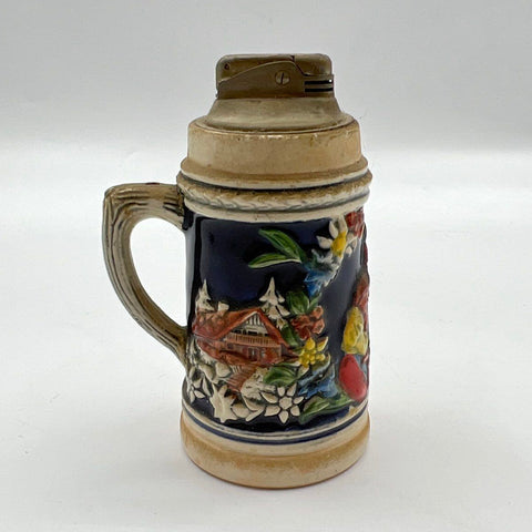 Vintage Ceramic Beer Stein Table Lighter Relief Scene German Style 6 Inch
