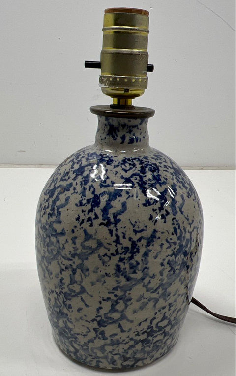 Vintage Spongeware Ceramic Table Lamp Blue and White Splatter Glaze 10 Inch