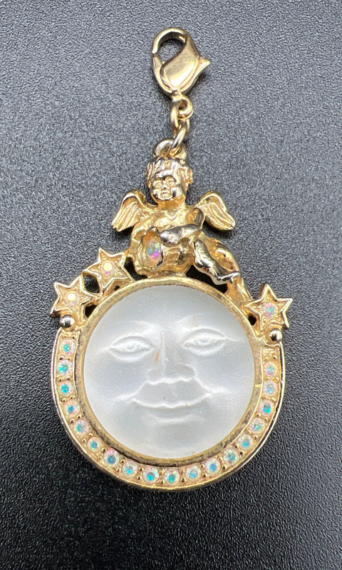 Kirks Folly Seaview Moon Cherub Pendant Charm Gold Tone AB Rhinestone Vintage