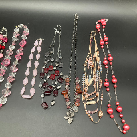 Mixed Costume Jewelry Lot of 9 Necklaces Pink Red Beaded Multi-Strand Statement
