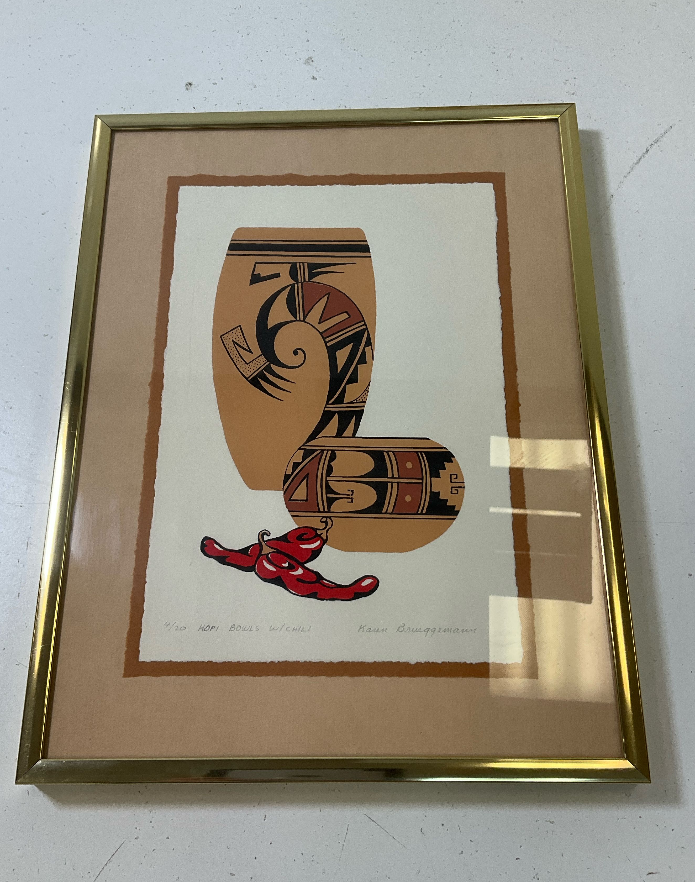 Karen Brueggemann Framed & Matted Signed Numbered Prints Hopi Bowls Pair 9x12