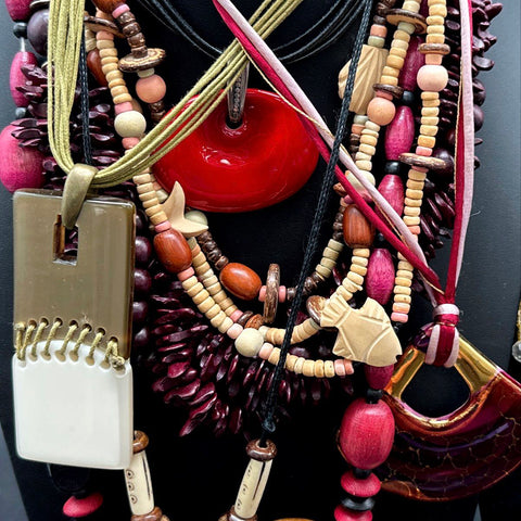 Boho Eclectic Jewelry Lot Beaded Animal Pendants Wood Resin Glass Necklaces