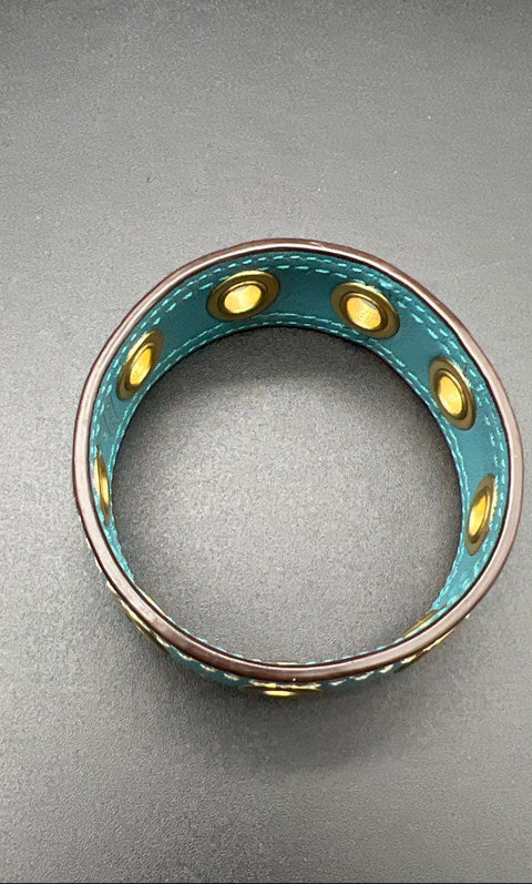 Coach Teal Leather Gold Tone Grommet Bangle Bracelet 2.5" Diameter Signed