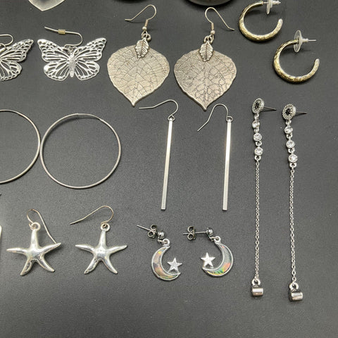 Vintage & Modern Costume Jewelry Lot 22 Pairs Earrings Hoops Dangles Silver Tone