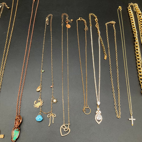 Fashion Costume Jewelry Lot 12 Gold Tone Charm Necklaces Heart Cross Rhinestone