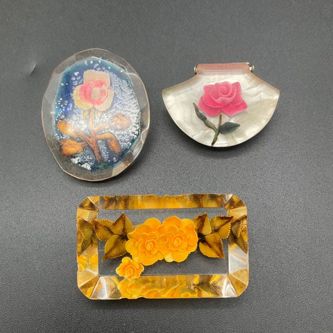 Vintage Lucite Reverse Carved Flower Jewelry Lot 3 Brooches 3 Pairs Earrings