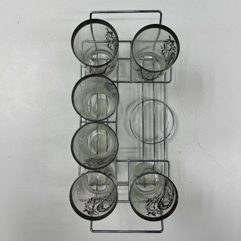 Vintage 25th Anniversary Glasses Set of 6 Silver Trim Tumblers With Wire Caddy