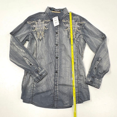 Roar Men's Gray Acid Wash Embroidered Tribal Cross Button Up Shirt Sz S NWT