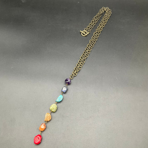 Tumbled Stone Chakra Statement Necklace Gold Tone Rainbow 7 Stone Drop 18"