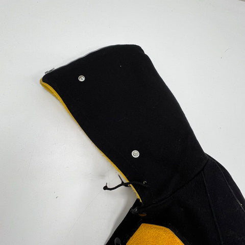 Vintage 80s Delong Wool Letterman Varsity Jacket Hooded Black Yellow '83 Sz 34