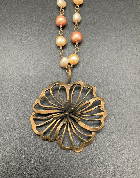 Extasia Bronze Tone Freshwater Pearl Large Flower Pendant Necklace 18" Signed