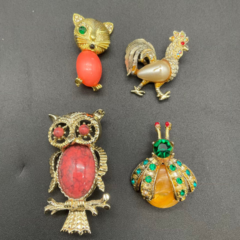 Vintage Costume Jewelry Animal Brooch Lot 4 Gerry's Owl Cat Rooster Insect
