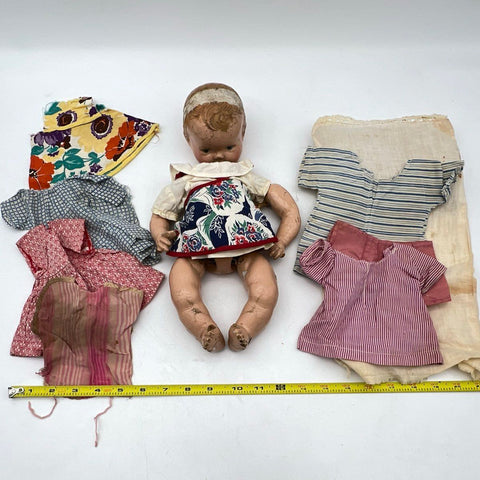 Antique Composition Baby Doll Lot For Repair Restoration With Vintage Clothes