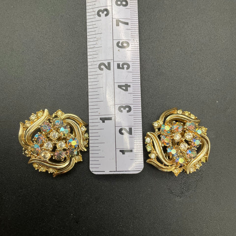 Vintage Gold Tone Aurora Borealis AB Rhinestone Necklace Earring Demi Parure
