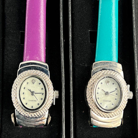 Avon Lot of 2 Womens Watches Teal & Purple Leather Strap Diamond Accent Oval