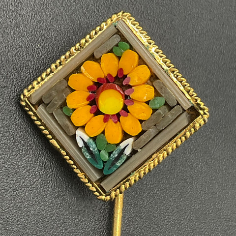 Vintage Italy Micro Mosaic Sunflower Stick Pin Gold Tone Floral Lapel Pin 2.5"