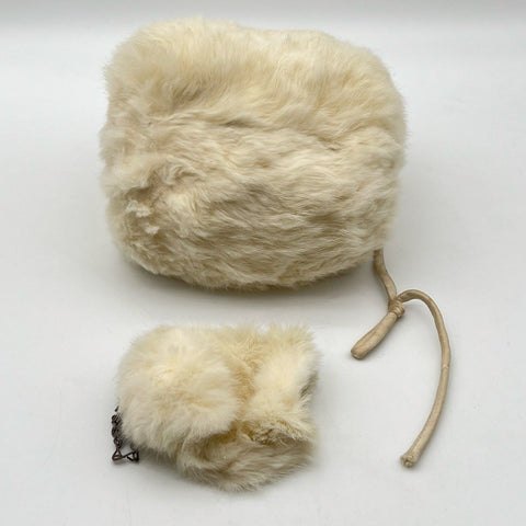Vintage Cream Faux Fur Hand Warmer Muff and Matching Frame Coin Purse Set 2pc