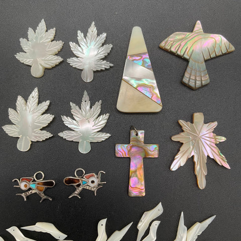 MOP Mother of Pearl Jewelry Lot Carved Bird Beads Leaf Cross Pendants Inlay