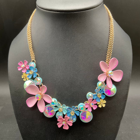 Betsey Johnson Gold Tone Colorful Floral Enamel Crystal Statement Necklace