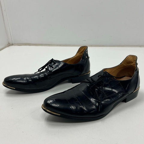 Black Croc Embossed Studded Heel Metal Toe Derby Oxford Shoes Size 46 / US 12