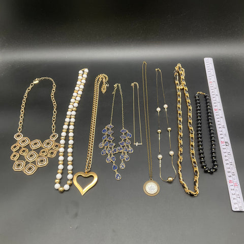Vintage Style Costume Jewelry Lot 9 Necklaces Heart Cross Locket Bib Statement