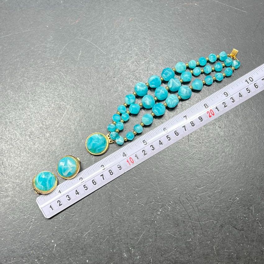 Vintage Kramer Blue Swirl Bracelet and Clip On Earrings Gold Tone Set