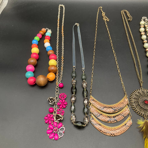 Boho Eclectic Necklace Lot 6pc Beaded Bib Filigree Feather Tribal Hawaiian Style