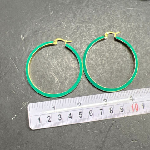 Vince Camuto Signed Gold Tone Green Enamel Large Hoop Earrings 2" 21.3g