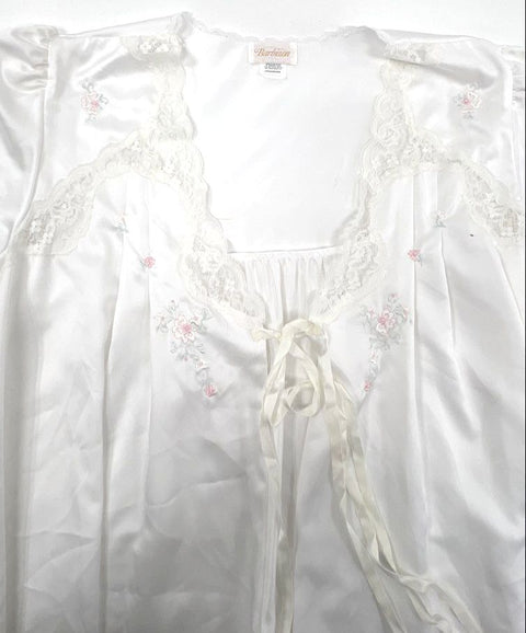 Vintage 90s Barbizon Women's White Lace Floral Embroidery Duster Robe Sz L