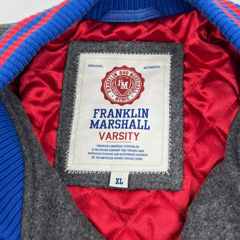Franklin Marshall Gray Blue Wool Faux Leather Patch Varsity Jacket Men's XL
