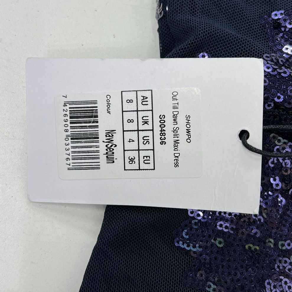 Showpo Navy Sequin Out Till Dawn Split Maxi Dress Women's Size 4 NWT