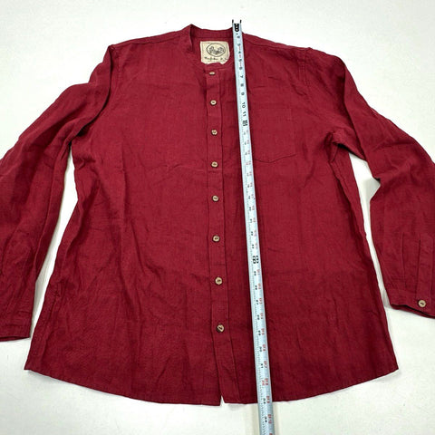 Manufacture de Lin Men's Red 100% Linen Mandarin Collar Long Sleeve Shirt XL