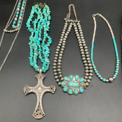 Southwestern Style Faux Turquoise Jewelry Lot of 6 Necklaces Silver Tone Cross