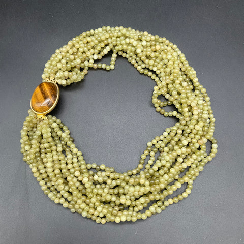 Vintage Green Stone & Tiger's Eye Multi Strand Statement Necklace Gold Tone