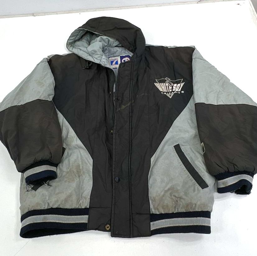 Vintage 90s Logo 7 Black Gray Chicago White Sox Hooded Puffer Jacket Youth L