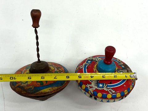 Vintage Toy Lot Fisher Price Music Box Teaching Clock & Tin Litho Spinning Tops