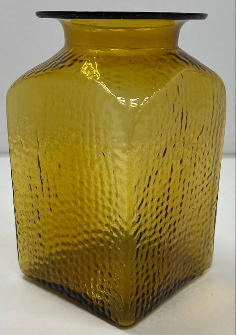 Pressed Glass Vase Amber Crinkle Textured Pattern Square 10 Inch Vintage