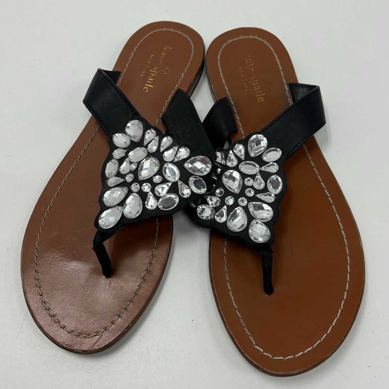 Kate Spade Black Leather Jeweled Bow Thong Sandals Womens Size 9