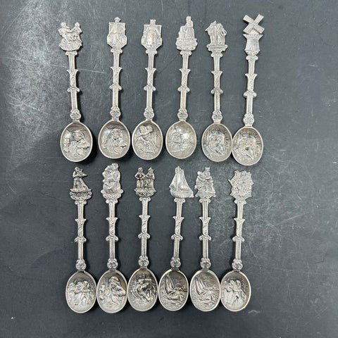 Vintage Holland 90 Silver Plate Souvenir Spoons 12 Pc Set Dutch Windmill