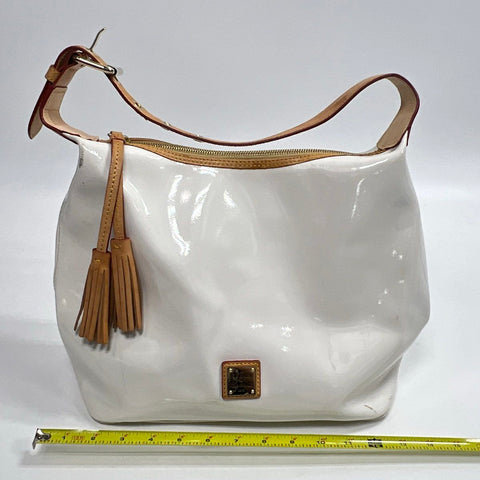 Dooney & Bourke White Patent Leather Tassel Hobo Bag Tan Trim