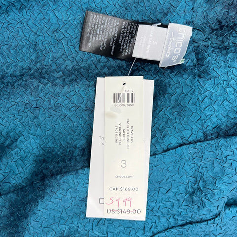 NWT Chico's Women's Teal Travelers Crushed Open Front Long Jacket Cardigan Size