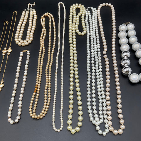 Vintage Faux Pearl Costume Jewelry Lot of 12 Necklaces Chains Gold Tone