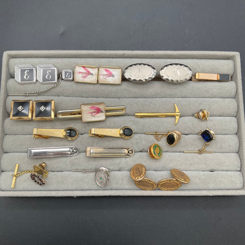 Vintage Men's Costume Jewelry Lot Cufflinks Tie Bars Pins Gold Silver Tone