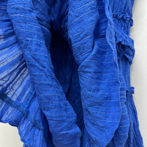 Misa Los Angeles Women's Blue Metallic Pinstripe Tiered Ruffle Mini Dress Sz S