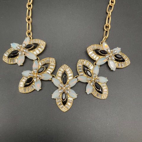 J. Crew Gold Tone Faux Opal Black Resin Rhinestone Floral Statement Necklace
