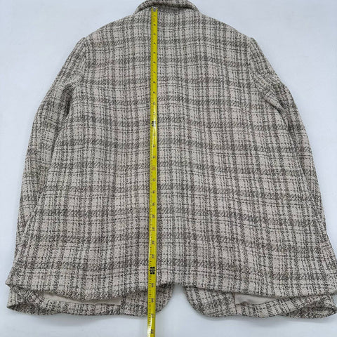 Bohme Women's Tweed Blazer Jacket Cream Brown Plaid Textured Size L