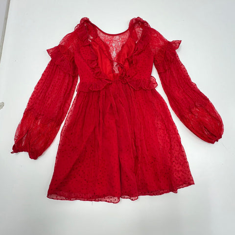 Free People Daliah Red Swiss Dot Lace Ruffle Long Sleeve Mini Dress Women's